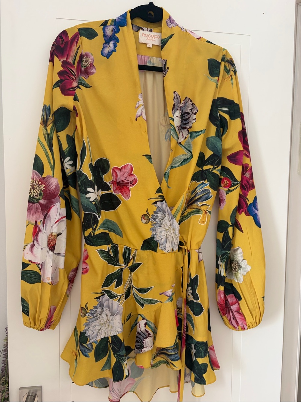 Rococo Sand Yellow Floral Wrap Dress with Long Sleeves